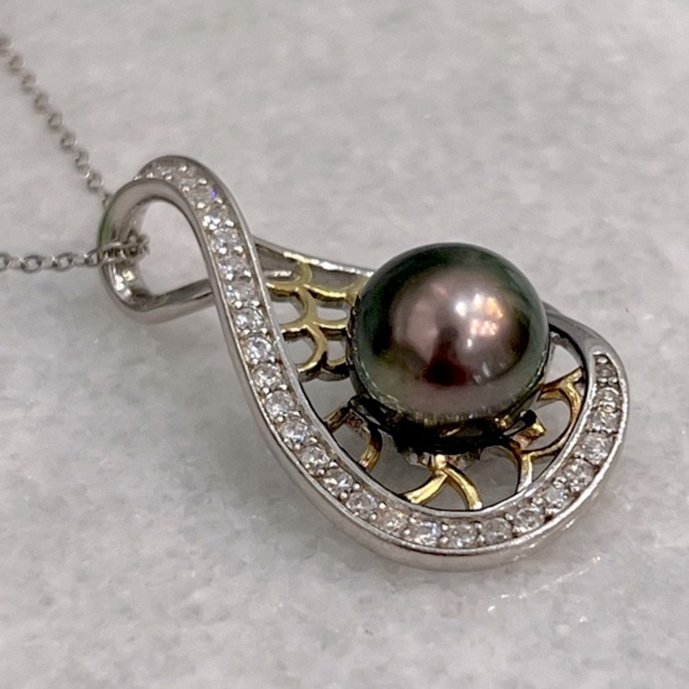 Tahitian Pearl White Zircon 14K YG Sterling Silver Openwork Pendant Necklace